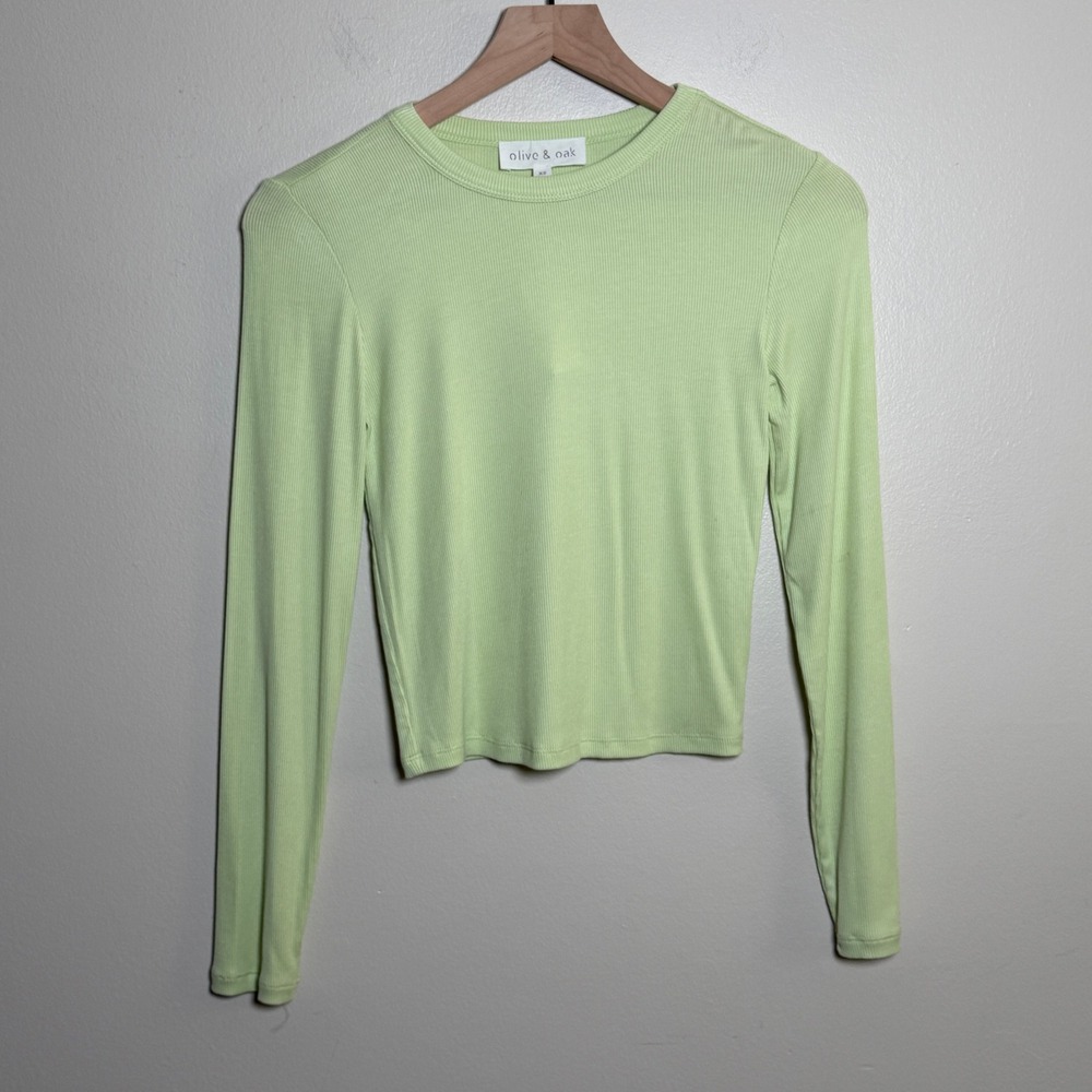 Olive & Oak Womens Ribbed Long Sleeve Top XS Green Crew Neck Stretch Modal